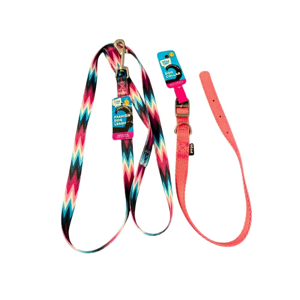 Play On Dog Leash and Collar Set Small Pink Multi Color NWT Chevron Print